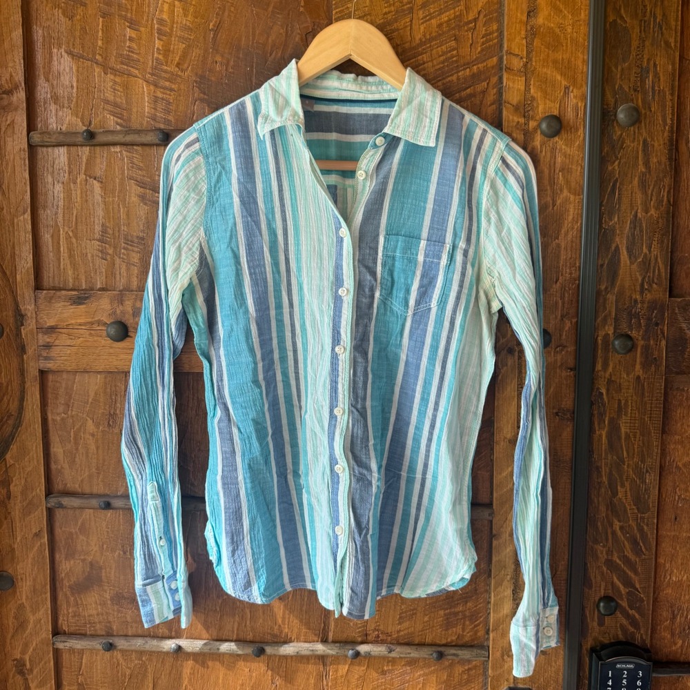 Unbranded Striped Button Down Shirt Womens Small Blue Teal Gauze Long Sleeve